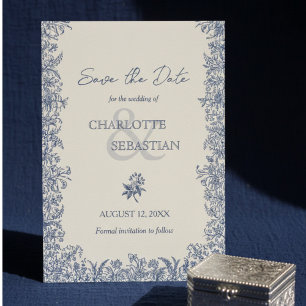 Blue botanical border vintage wedding save the date