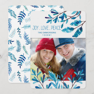 Blue Botanical Christmas Photo and Name Holiday Ca Card