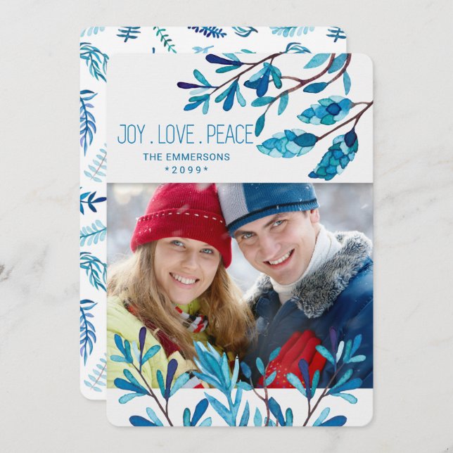 Blue Botanical Christmas Photo and Name Holiday Card (Front/Back)