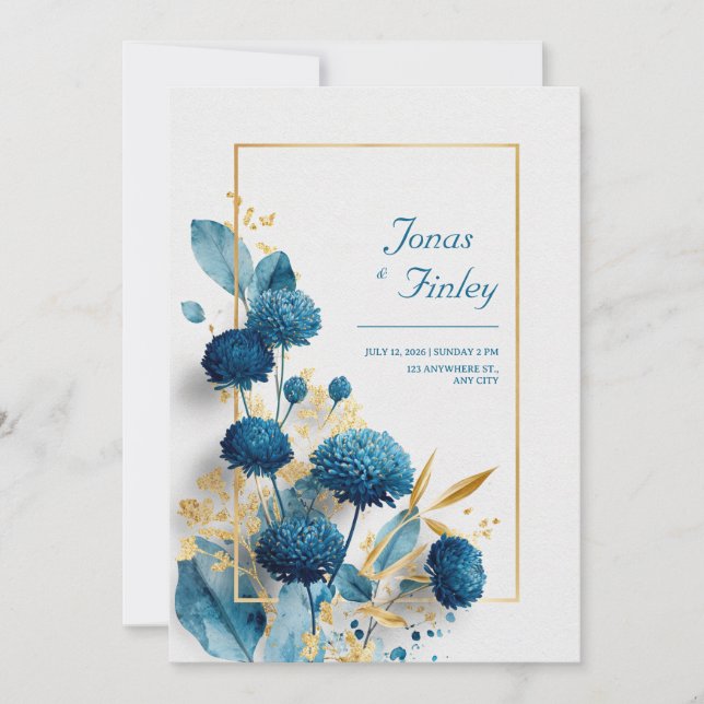 Blue Botanical Chrysanthemum & Gold Frame Wedding  Invitation (Front)