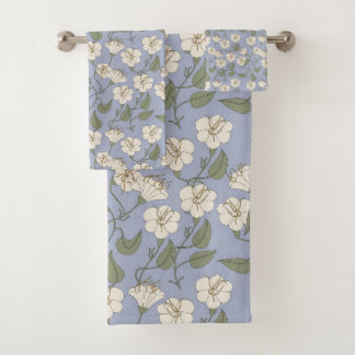 Blue botanical cottagecore floral shower curtain bath towel set