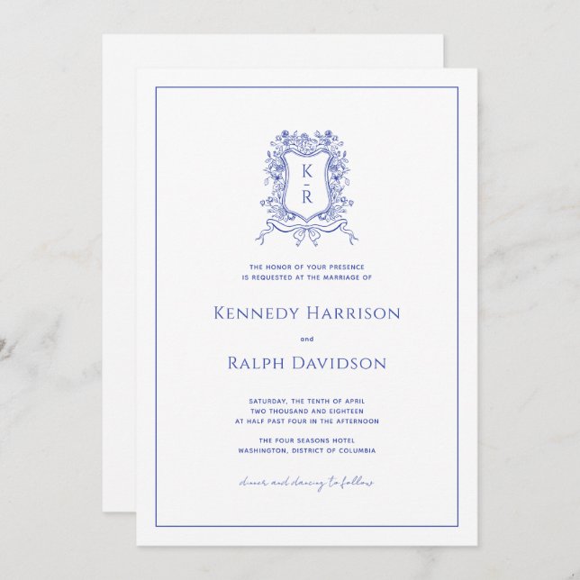 Blue Botanical Crest & Ribbon Elegant Wedding Invitation (Front/Back)