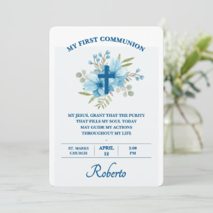 Blue Botanical Cross First Holy Communion  Invitation