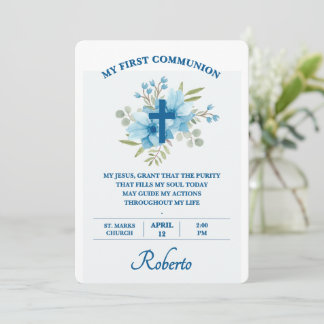 Blue Botanical Cross First Holy Communion  Invitation
