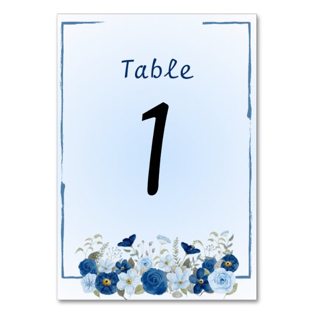 Blue Botanical Elegance Wedding  Table Number (Front)