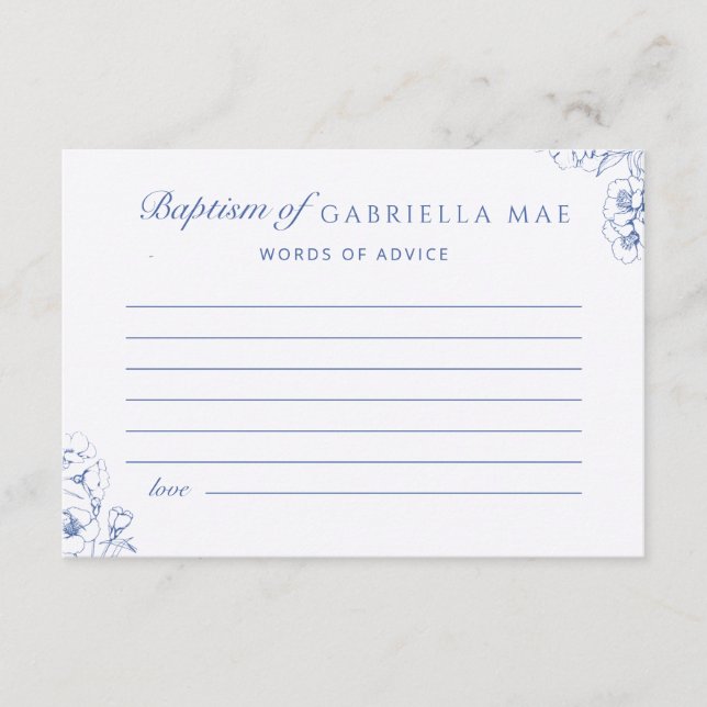 Blue Botanical Floral Baptism Advice Card (Front)