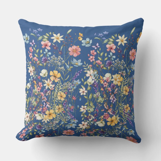 Blue Botanical Floral Design Cushion (Front)