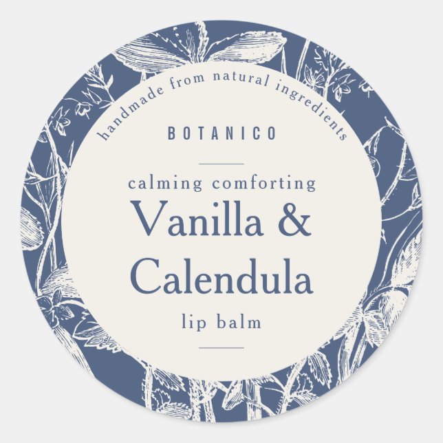 Blue Botanical Floral Natural Small Packaging Classic Round Sticker (Front)