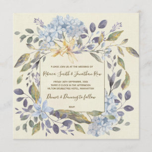 Blue botanical floral wedding invitation hydrangea