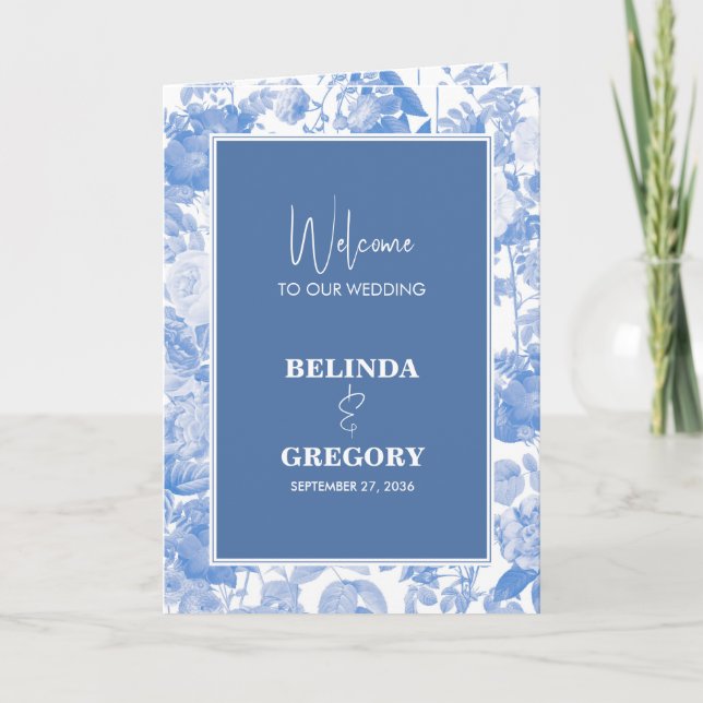 Blue Botanical Florals Wedding Order of Service Programme (Front)