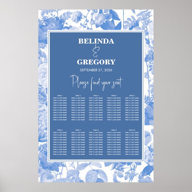 Blue Botanical Florals Wedding Seating Chart (Front)