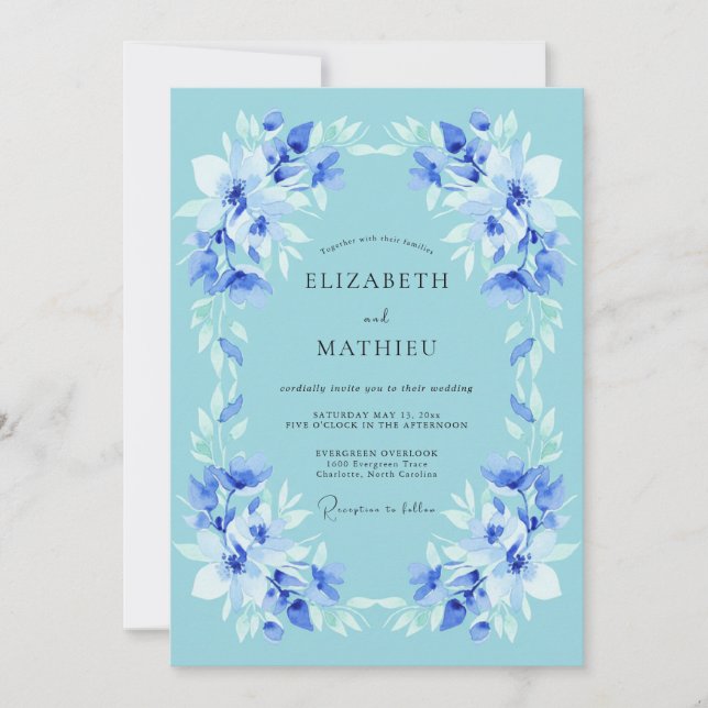 Blue Botanical Flourish Wedding Invitation (Front)
