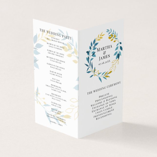 Blue Botanical Folded Ceremony Wedding Program (Outside)