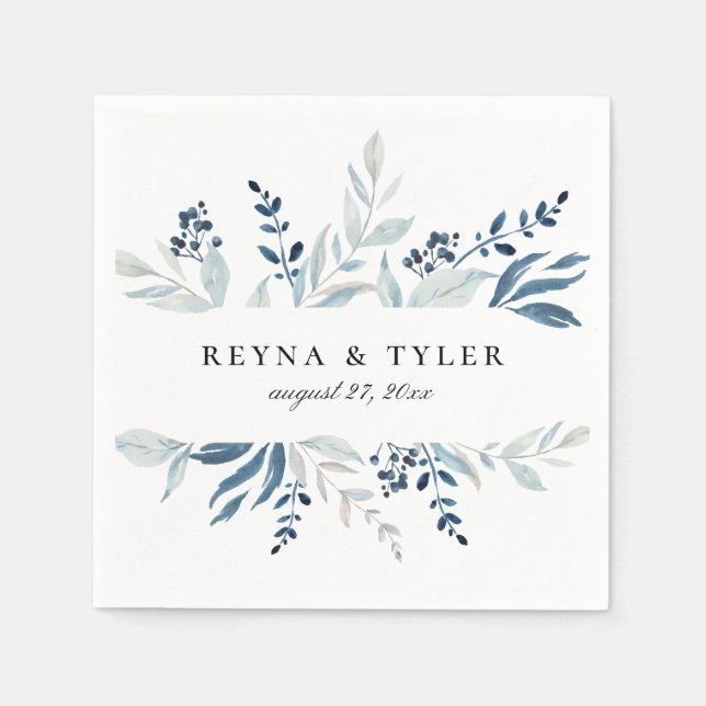 Blue Botanical Foliage Wedding Napkin (Front)