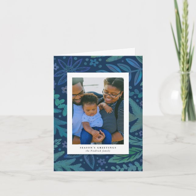 Blue Botanical Frame Christmas Photo Card (Front)
