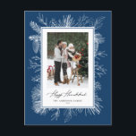 Blue Botanical Frame Happy Hanukkah Photo Holiday Postcard<br><div class="desc">Happy Hanukkah! Send holiday greetings with this vintage-themed Hanukkah postcard. It features vintage line art of pinecones,  pine needles and hollies with a blue background. Personalise by adding your photo,  name,  year and message. This vintage Hanukkah photo postcard is available in other colours. Matching items are available.</div>