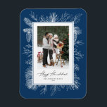 Blue Botanical Frame Happy Hanukkah Photo Magnet<br><div class="desc">Happy Hanukkah! Send holiday greetings with this vintage-themed Hanukkah magnet. It features vintage line art of pinecones,  pine needles and hollies with a blue background. Personalise by adding your photo,  name,  year and message. This vintage Hanukkah photo magnet is available in other colours. Matching items are available.</div>
