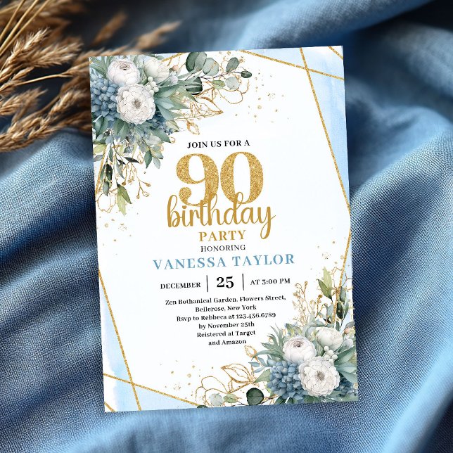 Blue Botanical Gold Frame 90th Birthday Invite (Blue Botanical Gold Frame 90th Birthday Invite)