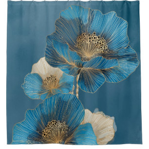 Blue Botanical Gold Line Art Poppy Floral Shower Curtain