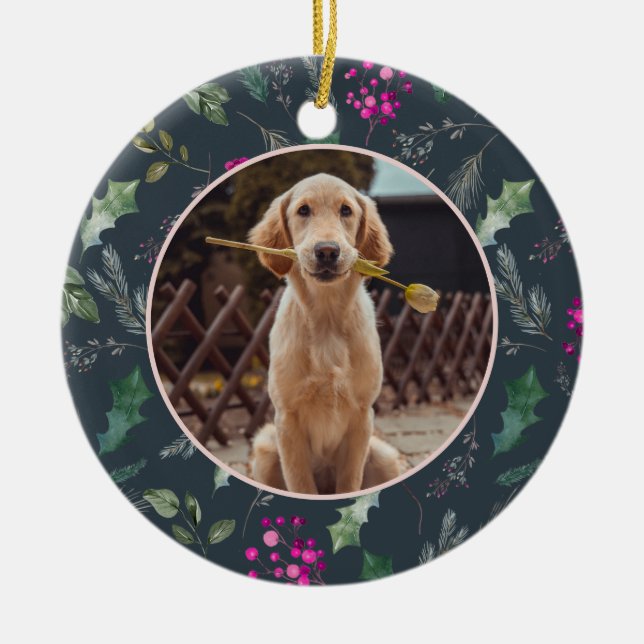 Blue Botanical Greenery Pet Baby First Christmas  Ceramic Tree Decoration (Front)