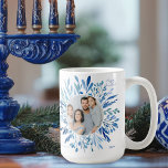 Blue Botanical Hanukkah Jewish Family Photo Coffee Mug<br><div class="desc">Beautiful blue watercolor botanical leaves spring out of your vertical Jewish family photograph for a Happy Hanukkah. Personalise this elegant Chanukah gift with a 2nd photo on the back.</div>