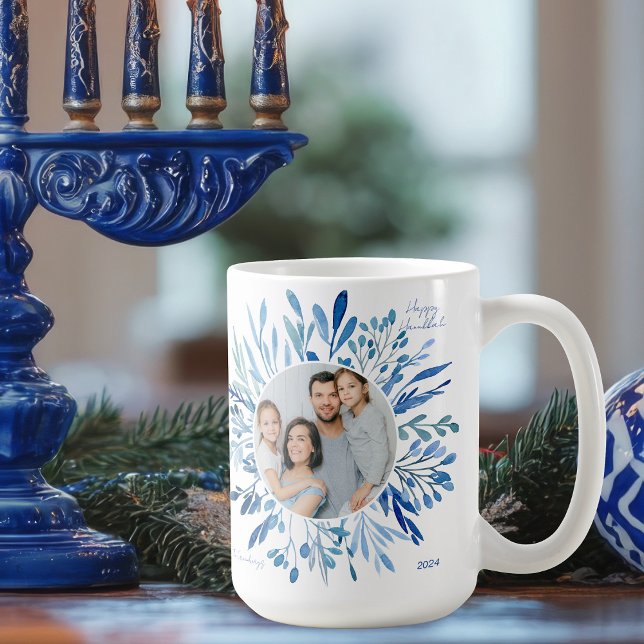 Blue Botanical Hanukkah Jewish Family Photo Coffee Mug (Creator Uploaded)