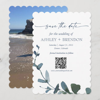 Blue Botanical Leaf Save the Date w/QR + Image Invitation