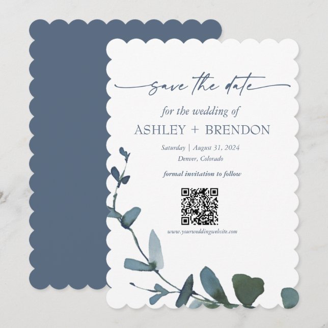 Blue Botanical Leaf Save the Date w/QR + Image Invitation (Front/Back)