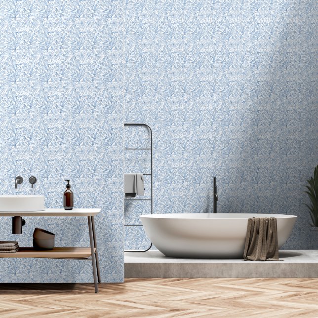Blue Botanical Line Art Floral Wallpaper (Bathroom)