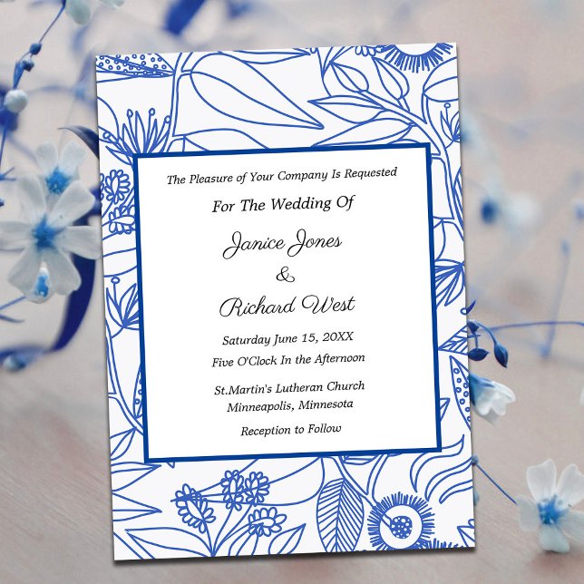 Blue Botanical Navy Frame Wedding Invitation (Creator Uploaded)
