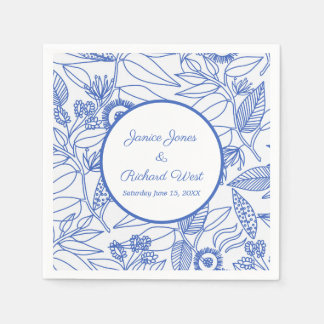Blue Botanical Personalised Navy Frame Wedding Napkin