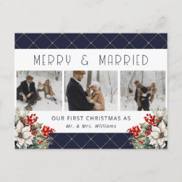 Blue Botanical Photo Newlywed Holiday Postcard