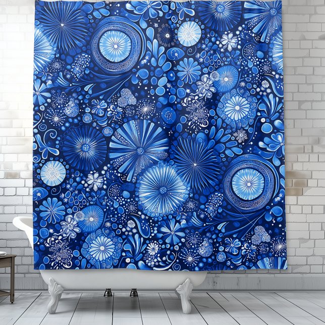 Blue Botanical Shibori Shower Curtain (Blue Botanical Shibori Shower Curtain)