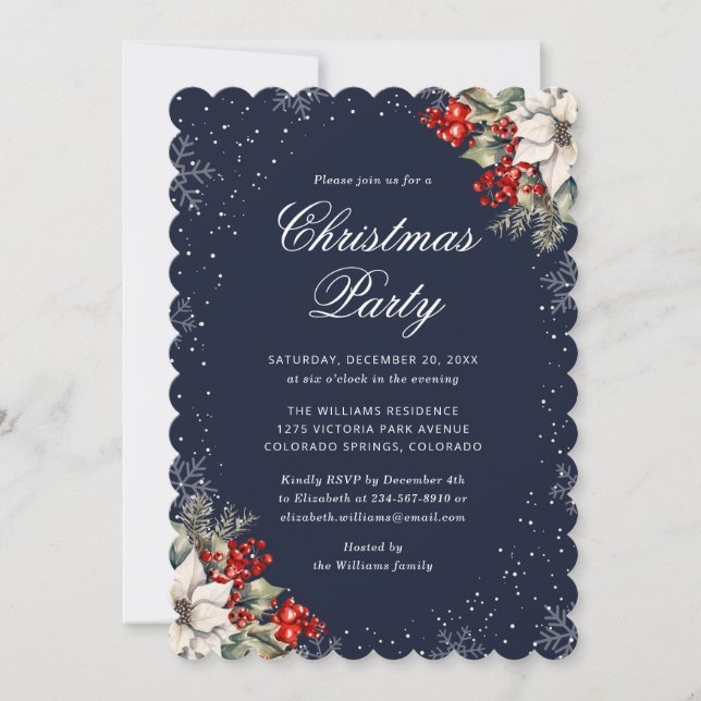 Blue Botanical Snowflake Elegant Christmas Party Invitation (Front)