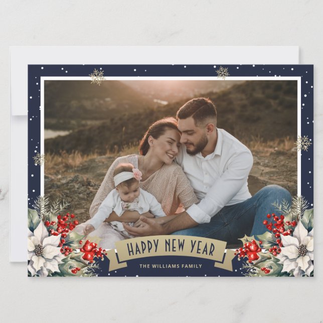 Blue Botanical Snowflake Photo Happy New Year Holiday Card (Front)