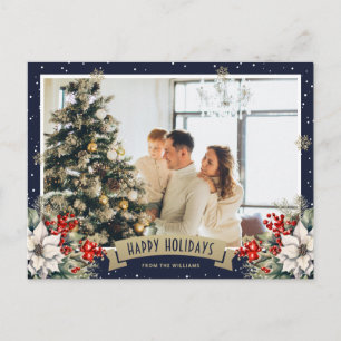 Blue Botanical Snowflake Photo Holiday Postcard