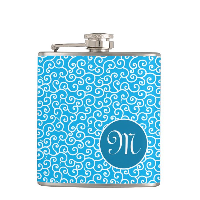 Blue Botanical Spiral Vine Karakusa Pattern Hip Flask (Front)