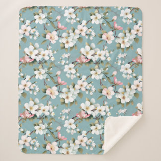 Blue Botanical Spring Dogwood Sherpa Blanket
