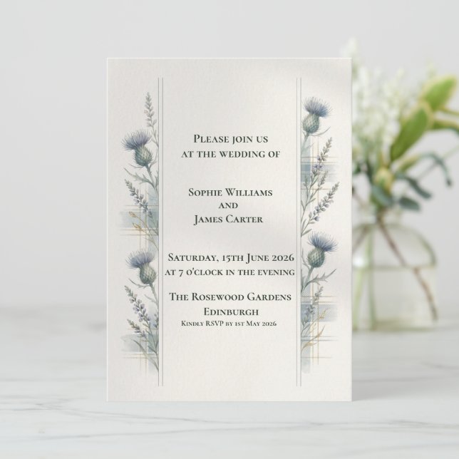 Blue Botanical Thistle Tartan Scottish Wedding Invitation (Standing Front)