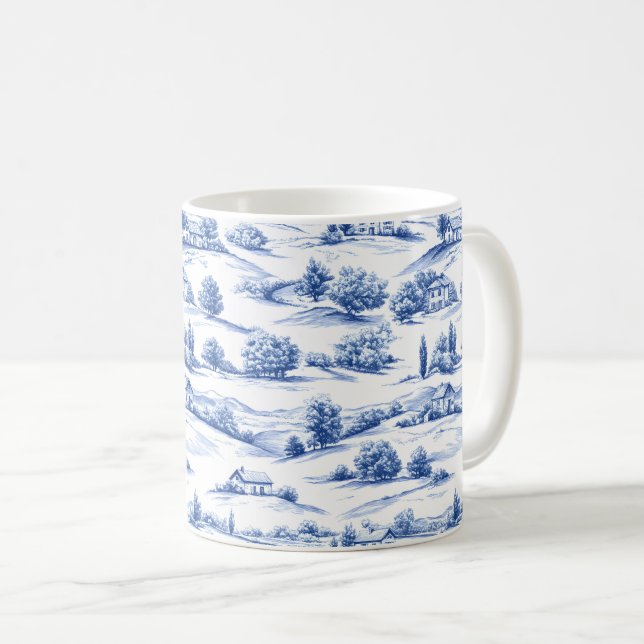 Blue Botanical Toile Pattern Coffee Mug (Front Right)