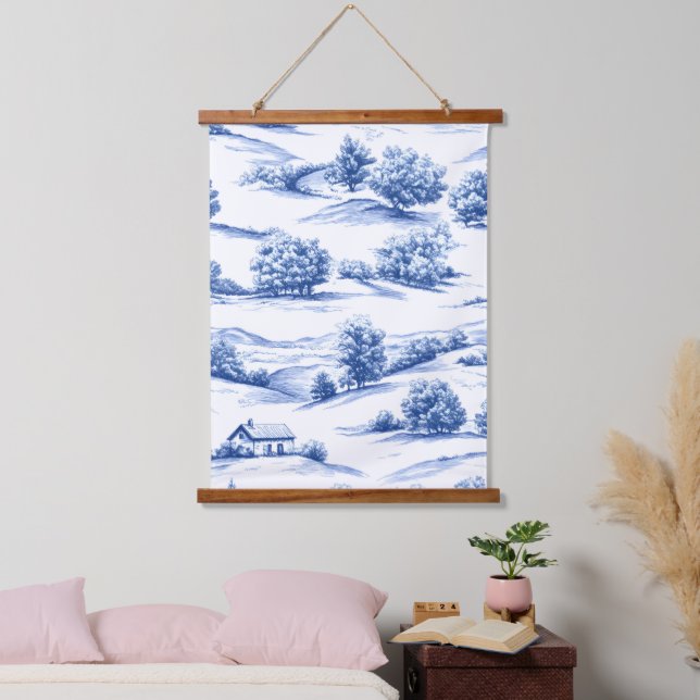 Blue Botanical Toile Pattern Hanging Tapestry (Bedroom)