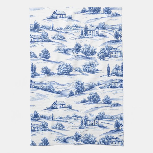 Blue Botanical Toile Pattern Tea Towel (Vertical)