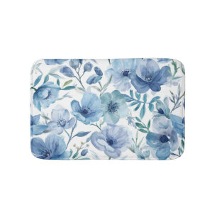 Blue Botanical Watercolor Floral Garden Bath Mat