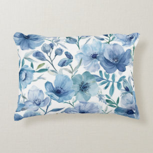 Blue Botanical Watercolor Floral Garden Decorative Cushion