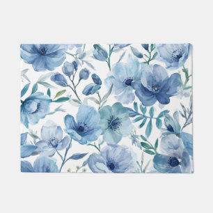 Blue Botanical Watercolor Floral Garden Doormat