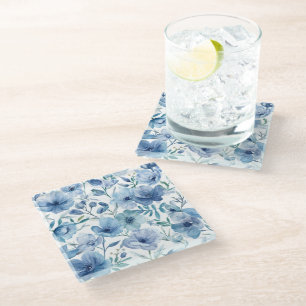 Blue Botanical Watercolor Floral Garden Glass Coaster