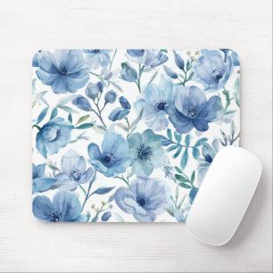 Blue Botanical Watercolor Floral Garden Mouse Pad