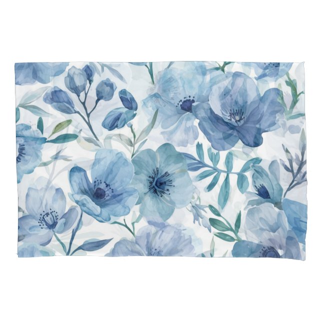 Blue Botanical Watercolor Floral Garden Pillowcase (Front)