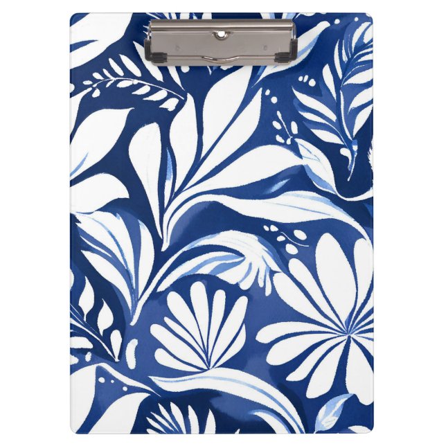 Blue Botanical Watercolor Floral Pattern Clipboard (Front)