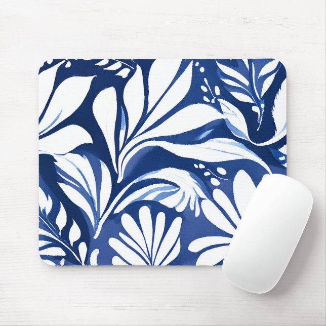 Blue Botanical Watercolor Floral Pattern Mouse Pad (With Mouse)